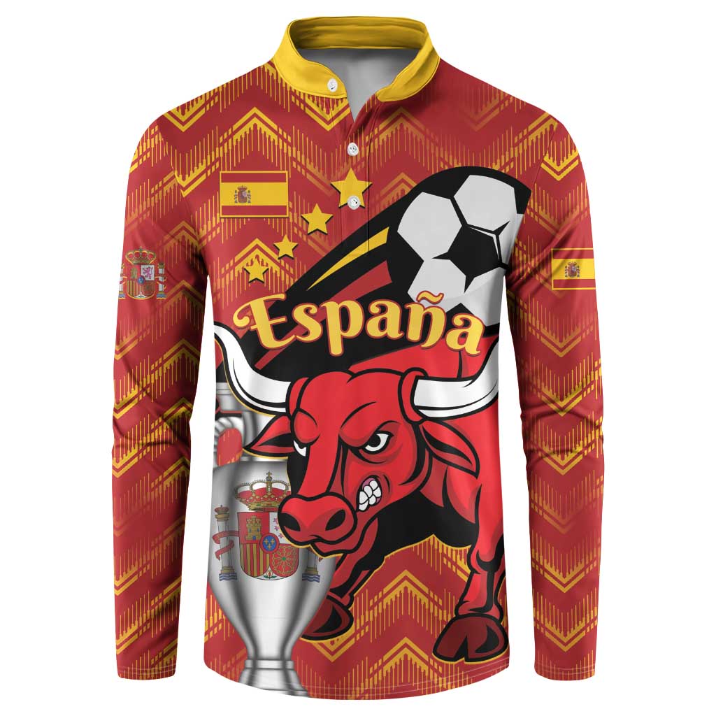 Red button sweatshirt with Spain graphic, bull, soccer ball, stars, and trophy print