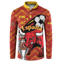 Red button sweatshirt with Spain graphic, bull, soccer ball, stars, and trophy print