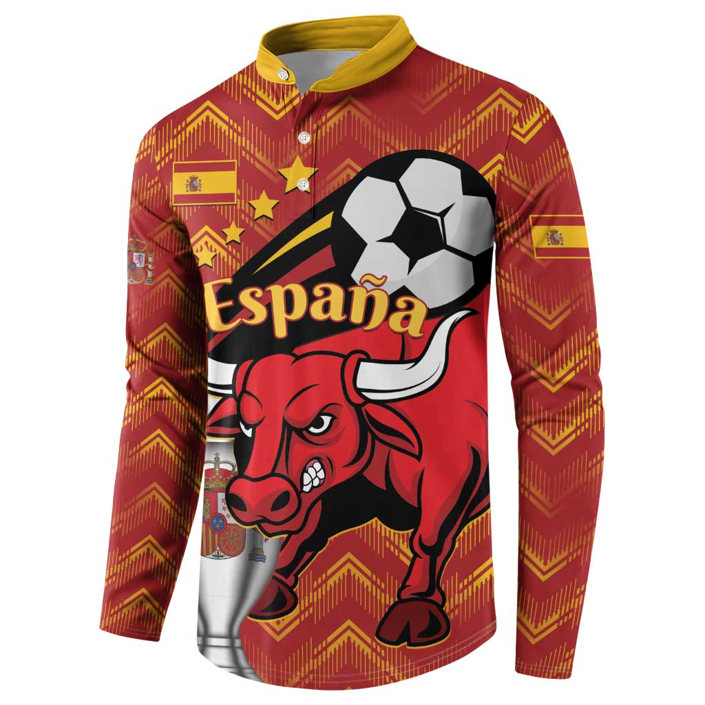 Red long-sleeve button sweatshirt with Spain, soccer ball, and bull graphic