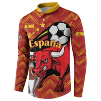 Red long-sleeve button sweatshirt with Spain, soccer ball, and bull graphic