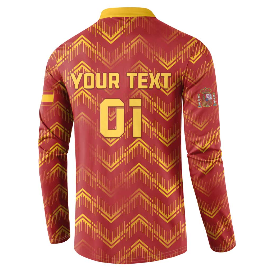 Red button sweatshirt back with yellow collar, chevron pattern, and large 'YOUR TEXT'