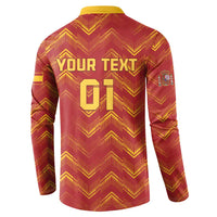 Red button sweatshirt back with yellow collar, chevron pattern, and large 'YOUR TEXT'