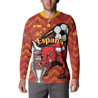 Red button sweatshirt with yellow collar and bull + soccer ball graphic