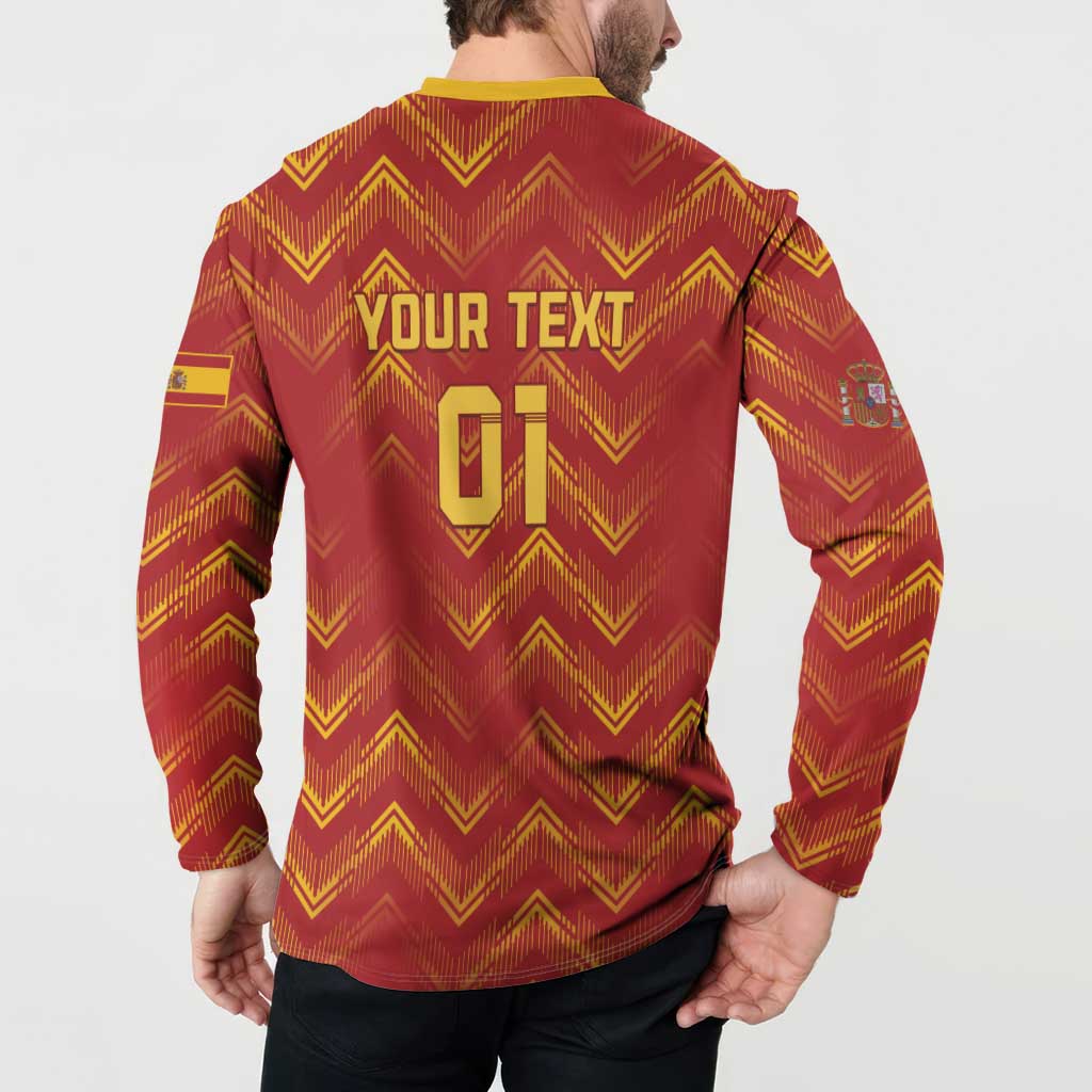 Red button sweatshirt with yellow collar, chevron pattern, and 'YOUR TEXT' on back