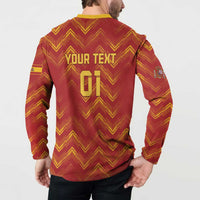 Red button sweatshirt with yellow collar, chevron pattern, and 'YOUR TEXT' on back