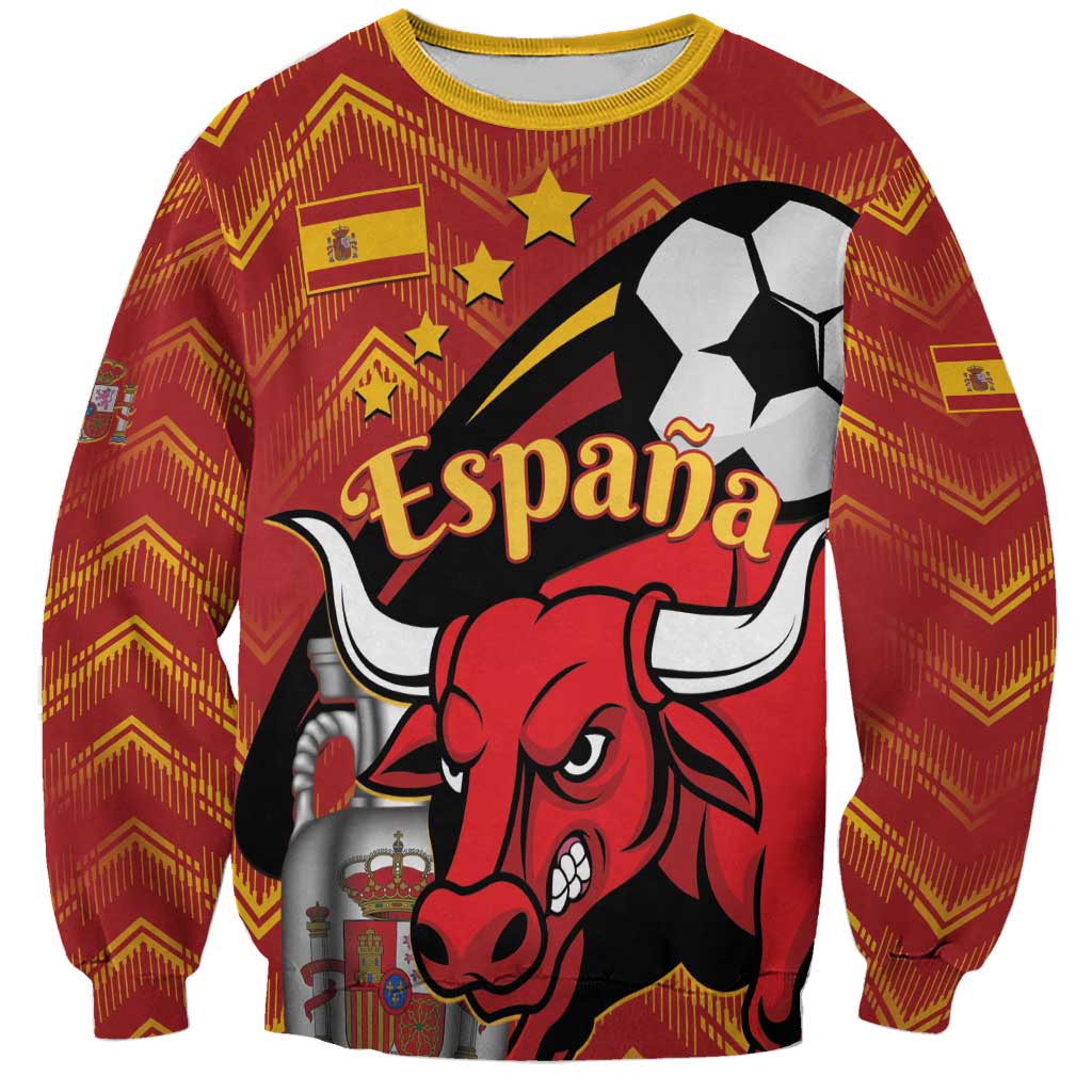 Red Spain football championship sweatshirt with bull, soccer ball, stars, and flags