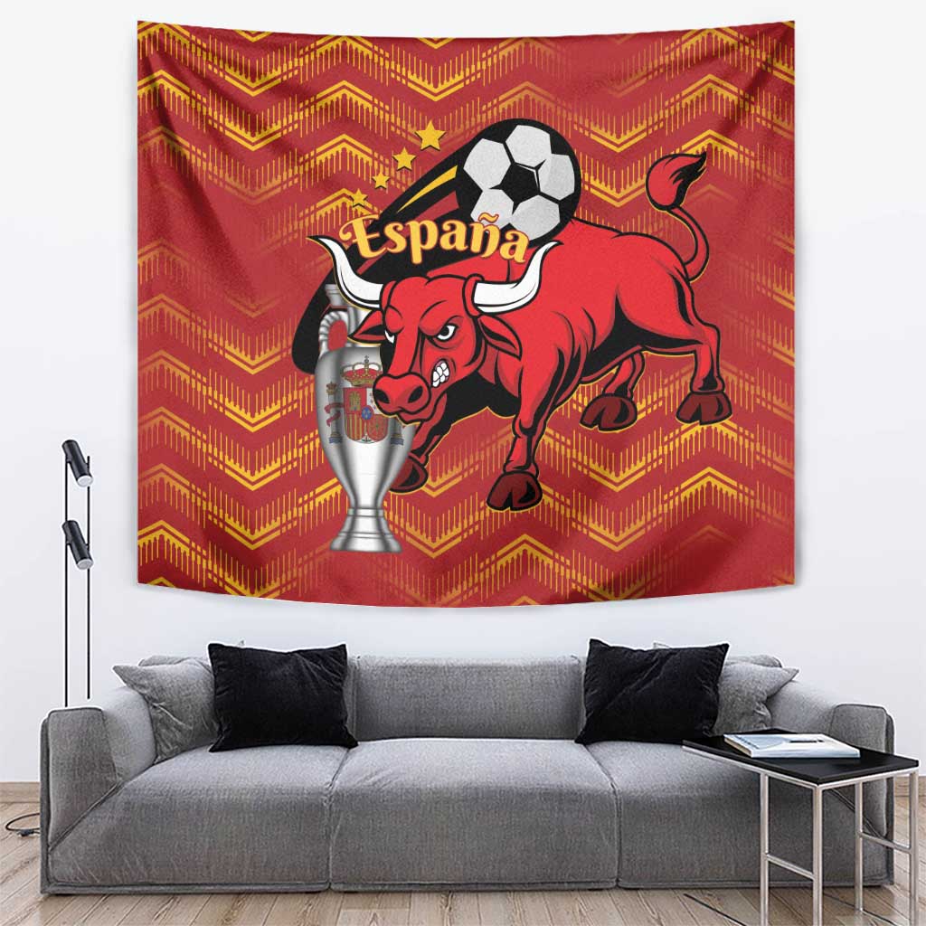 Spain football tapestry with red chevron pattern, bull, soccer ball, and trophy graphics