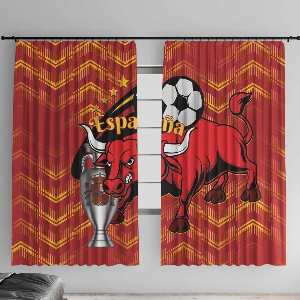 Red Spain football curtain panels featuring bull mascot and soccer ball graphics