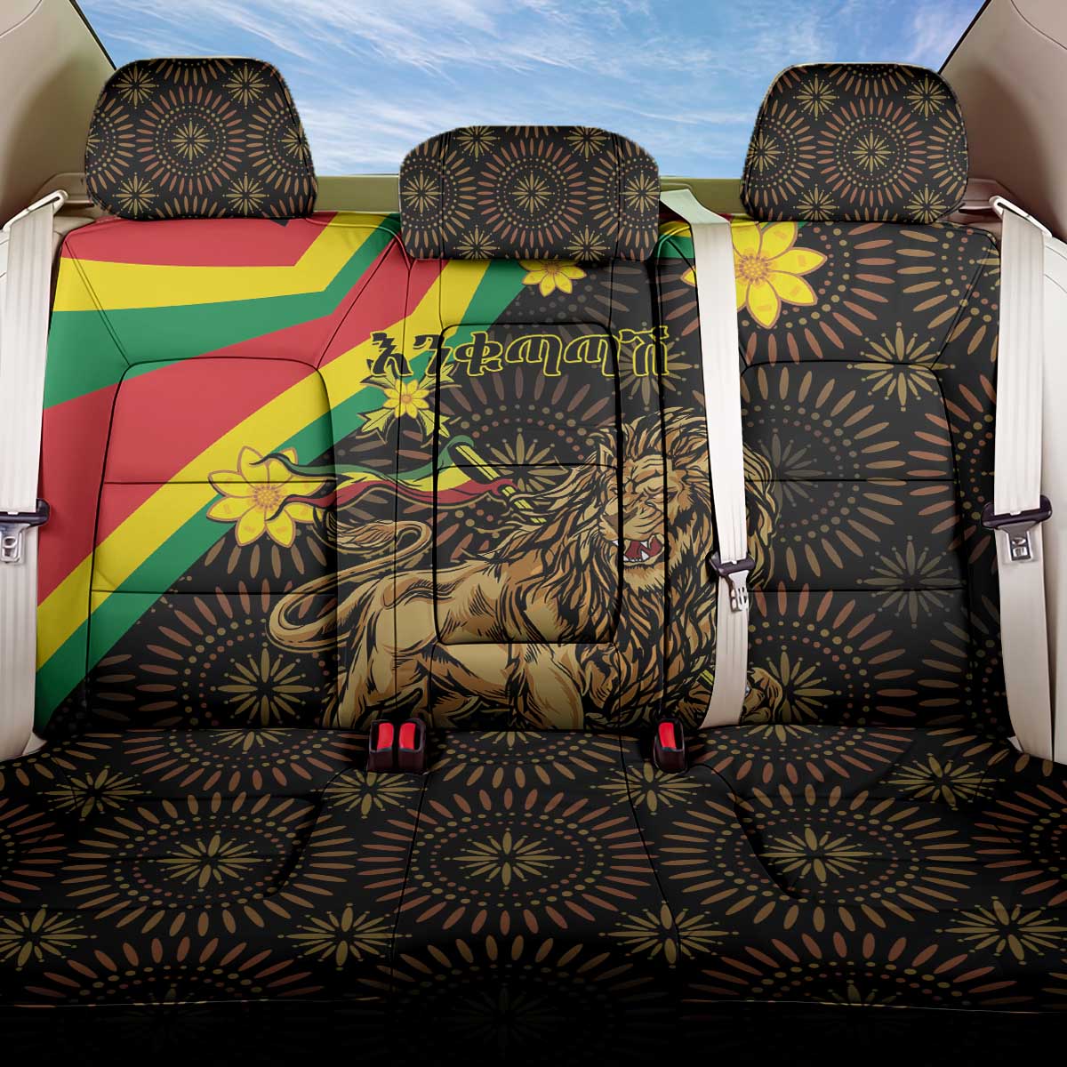 Enkutatash Ethiopia New Year Back Car Seat Cover Lion of Judah Adey Abeba Flower - Wonder Print Shop