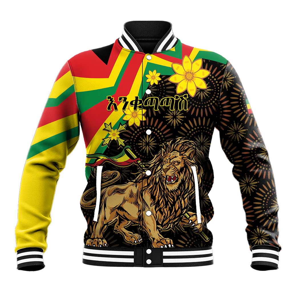 Black baseball jacket with multicolor Ethiopian stripes, lion and flower graphics, ribbed cuffs