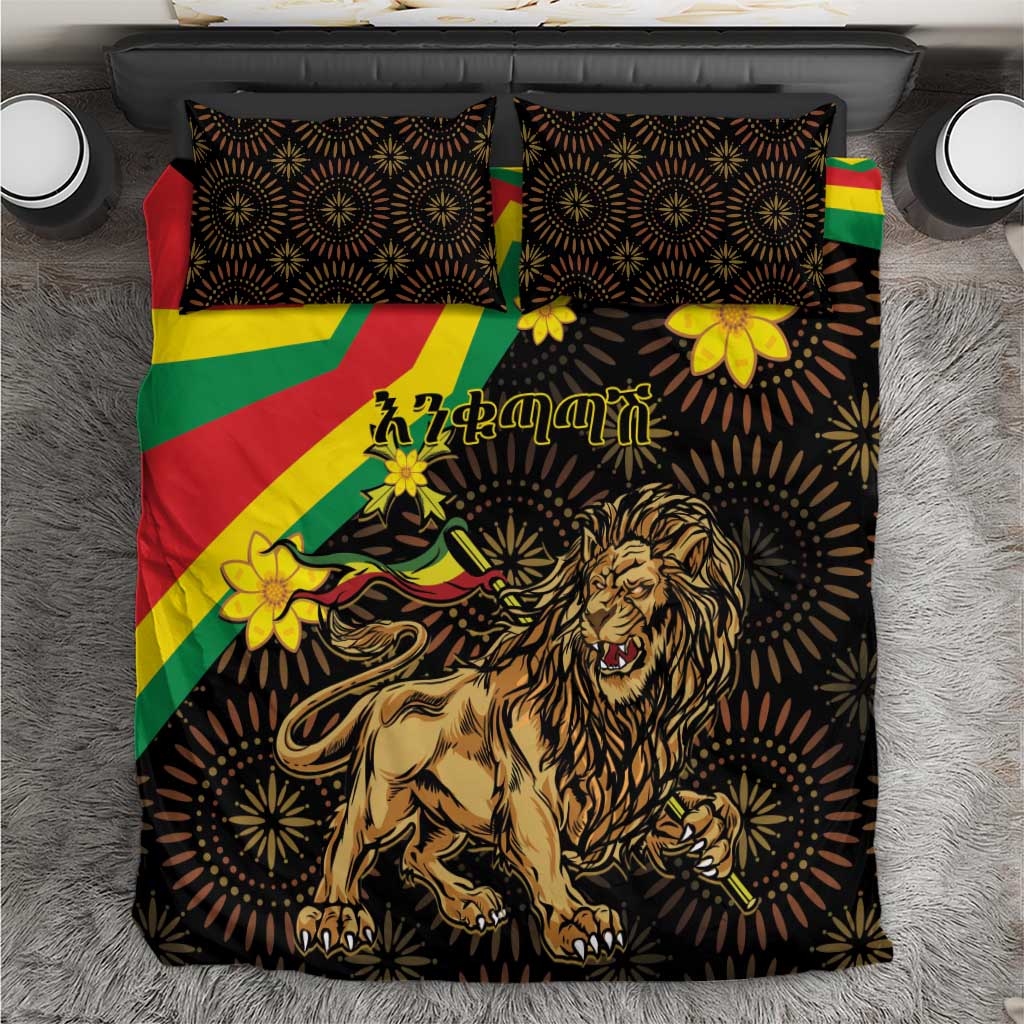 Black lion-themed bedding set with two pillows; yellow flowers and red-green diagonal stripes