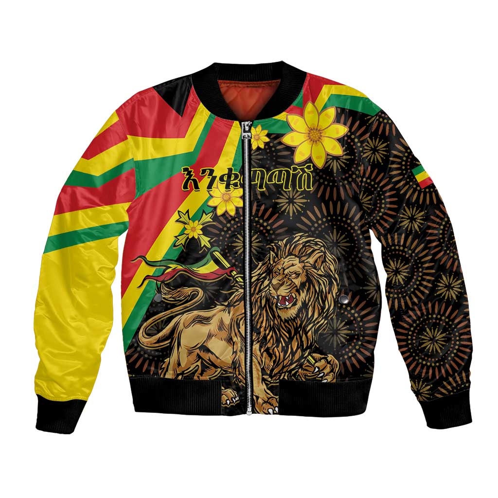 Unisex black bomber jacket with lion artwork and Ethiopian flag-style stripes, flower accents