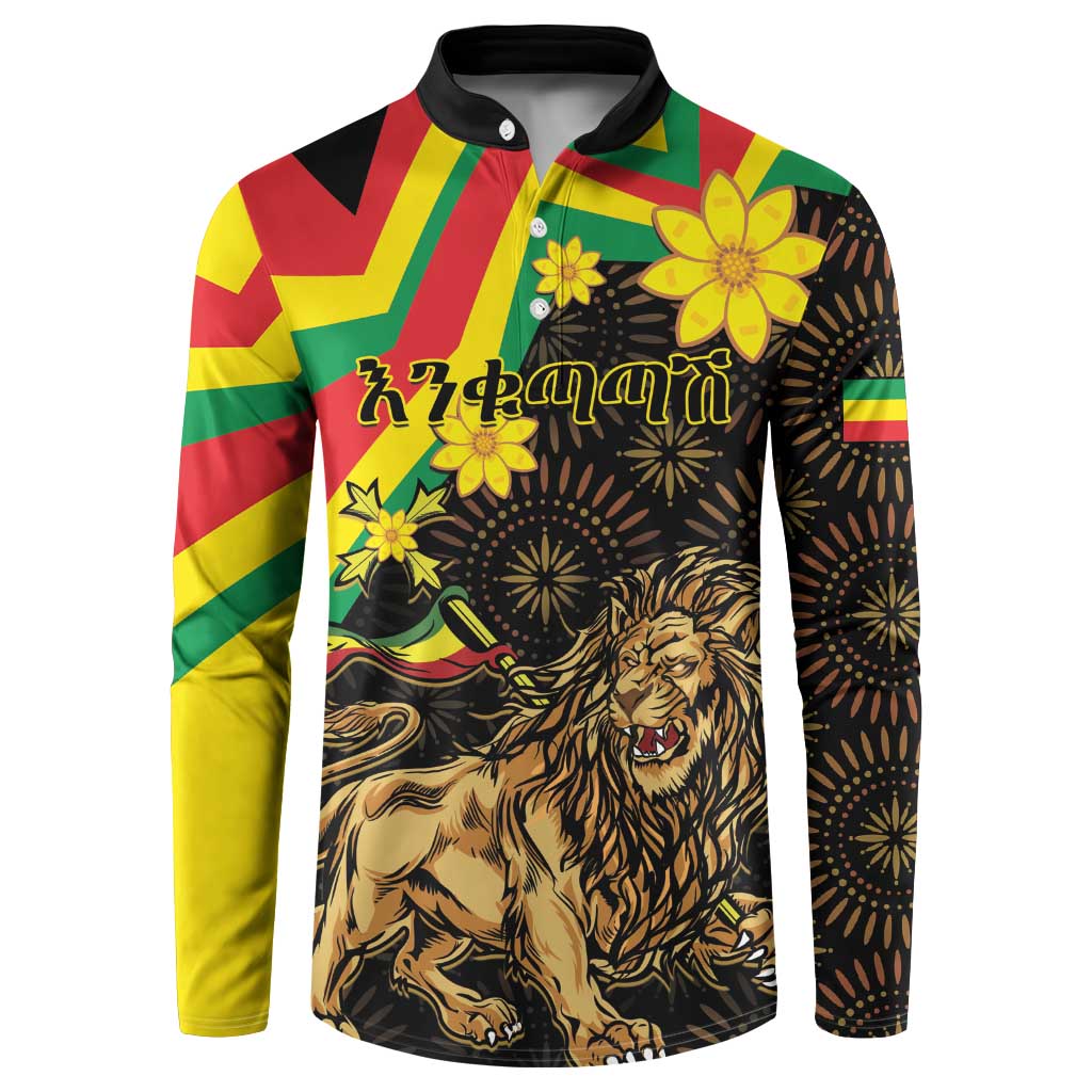 Button sweatshirt front with lion and flowers, black base, multicolor Ethiopian stripe sleeves