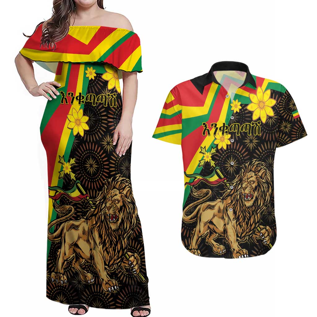 Enkutatash Ethiopia New Year Couples Matching Off Shoulder Maxi Dress and Hawaiian Shirt Lion of Judah Adey Abeba Flower