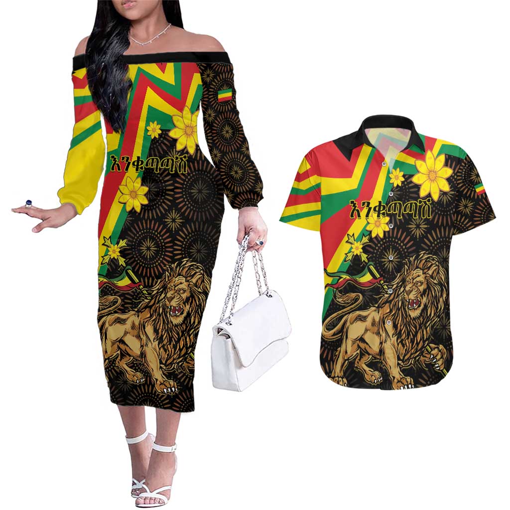 Enkutatash Ethiopia New Year Couples Matching Off The Shoulder Long Sleeve Dress and Hawaiian Shirt Lion of Judah Adey Abeba Flower