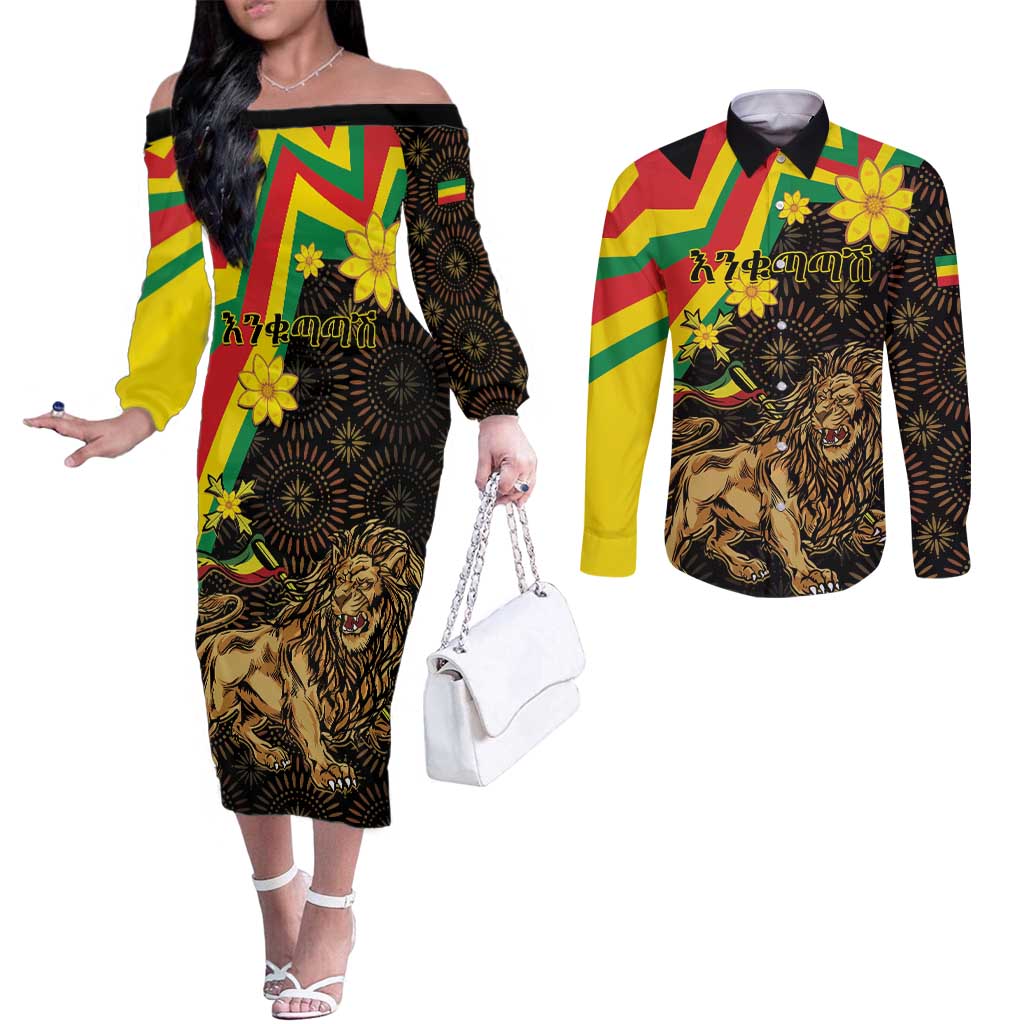 Enkutatash Ethiopia New Year Couples Matching Off The Shoulder Long Sleeve Dress and Long Sleeve Button Shirt Lion of Judah Adey Abeba Flower