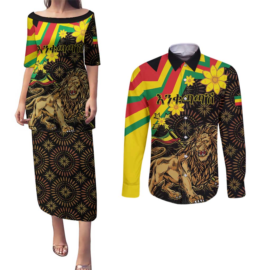 Enkutatash Ethiopia New Year Couples Matching Puletasi and Long Sleeve Button Shirt Lion of Judah Adey Abeba Flower - Wonder Print Shop