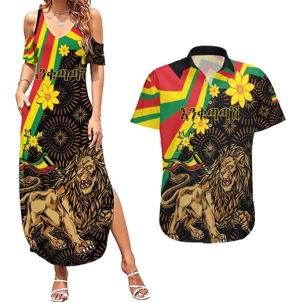 Enkutatash Ethiopia New Year Couples Matching Summer Maxi Dress and Hawaiian Shirt Lion of Judah Adey Abeba Flower