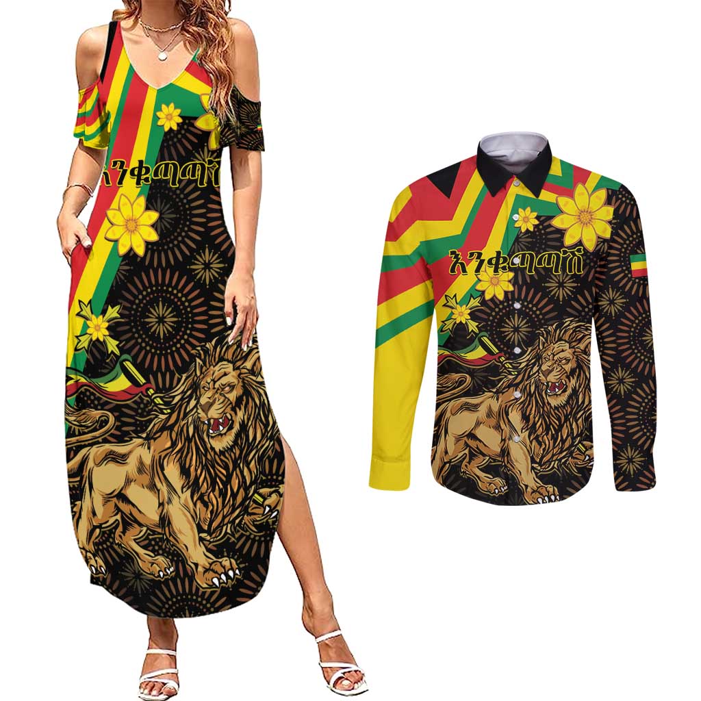 Enkutatash Ethiopia New Year Couples Matching Summer Maxi Dress and Long Sleeve Button Shirt Lion of Judah Adey Abeba Flower