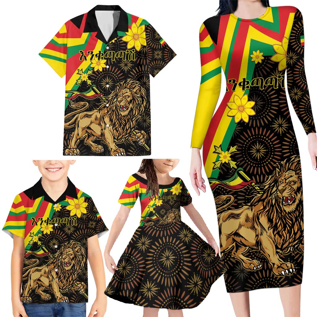 Enkutatash Ethiopia New Year Family Matching Long Sleeve Bodycon Dress and Hawaiian Shirt Lion of Judah Adey Abeba Flower - Wonder Print Shop