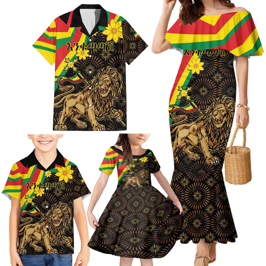 Enkutatash Ethiopia New Year Family Matching Mermaid Dress and Hawaiian Shirt Lion of Judah Adey Abeba Flower - Wonder Print Shop