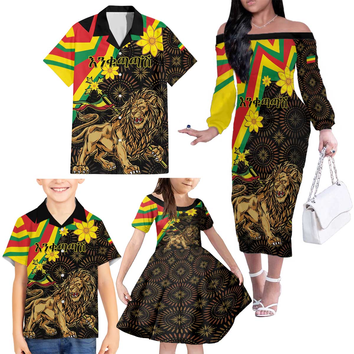 Enkutatash Ethiopia New Year Family Matching Off The Shoulder Long Sleeve Dress and Hawaiian Shirt Lion of Judah Adey Abeba Flower