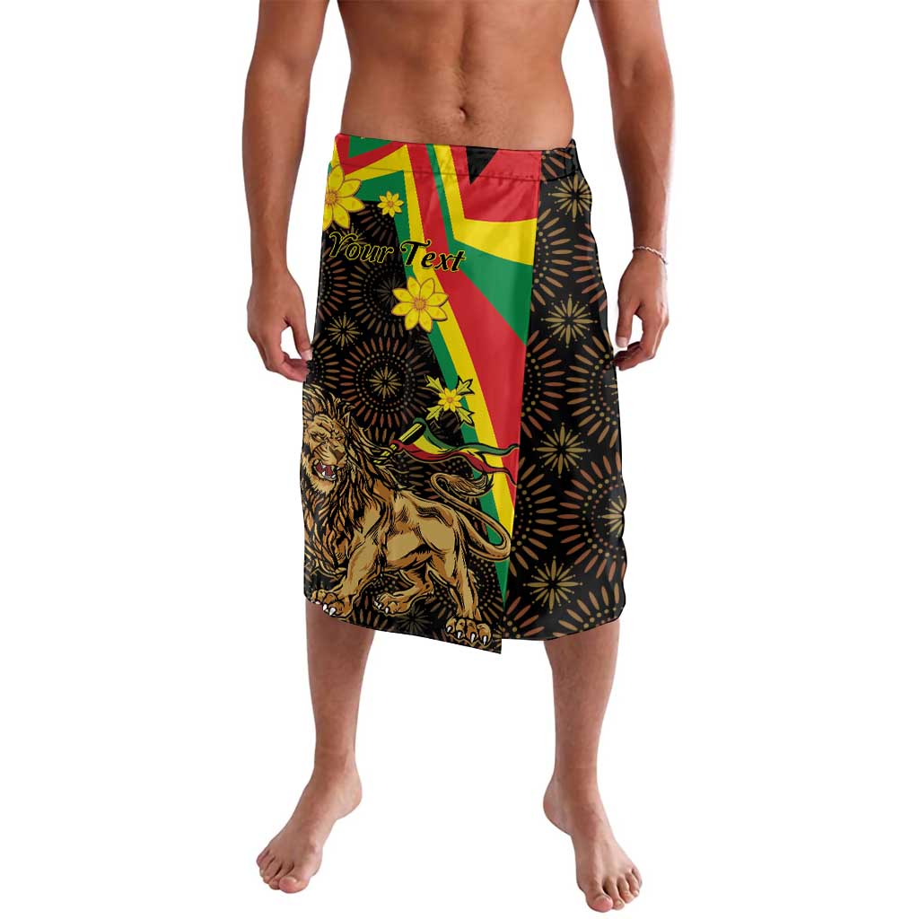 Black lavalava sarong skirt with central lion and flower print, colorful top stripe