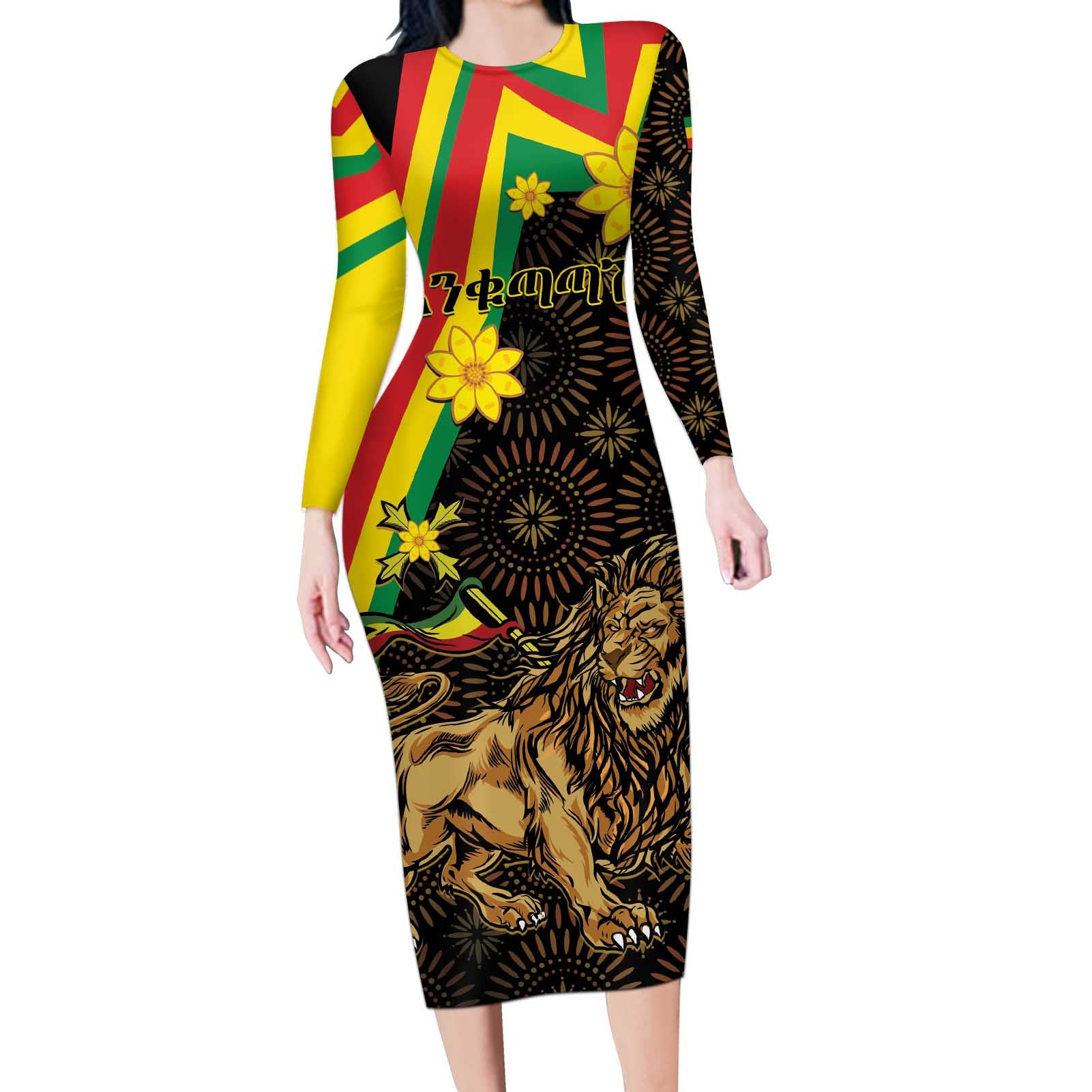 Enkutatash Ethiopia New Year Long Sleeve Bodycon Dress Lion of Judah Adey Abeba Flower