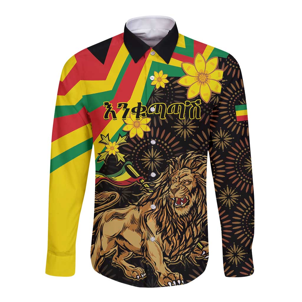 Unisex long-sleeve button shirt, black with multicolor stripes and lion floral graphic