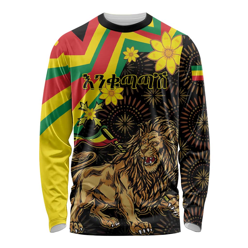 Long sleeve shirt, black with lion and colorful floral Ethiopian flag graphic