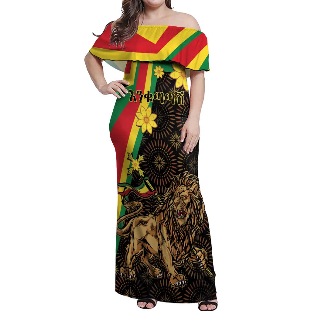 Enkutatash Ethiopia New Year Off Shoulder Maxi Dress Lion of Judah Adey Abeba Flower