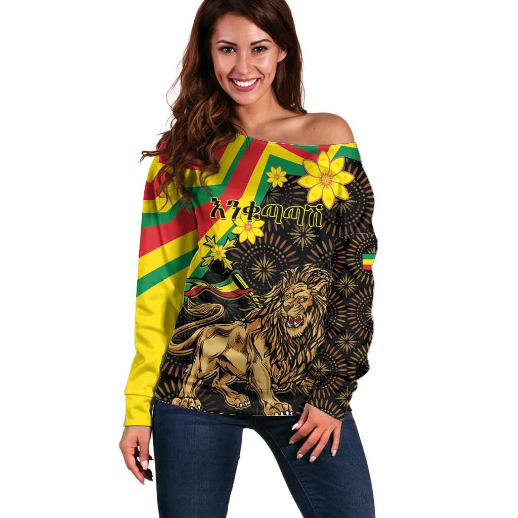 Enkutatash Ethiopia New Year Off Shoulder Sweater Lion of Judah Adey Abeba Flower