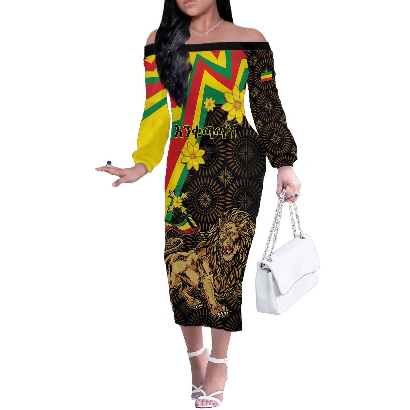 Enkutatash Ethiopia New Year Off The Shoulder Long Sleeve Dress Lion of Judah Adey Abeba Flower