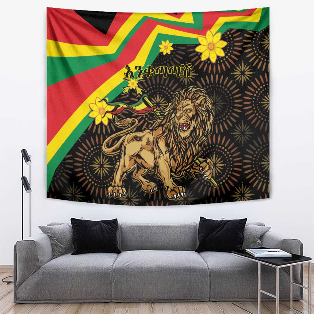 Ethiopian tapestry wall hanging with roaring lion, black base, and red-yellow-green pattern