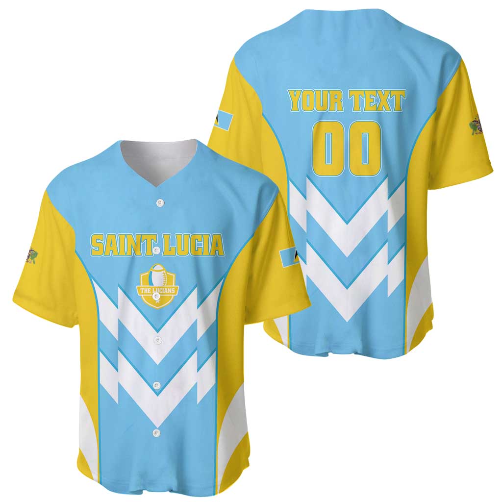 Light blue rugby baseball jersey, front Saint Lucia and back 'YOUR TEXT 00', yellow sleeves