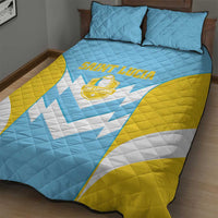 Saint Lucia quilt with blue top, white chevrons, and yellow curved borders; two shams