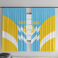 Saint Lucia window curtain, blue/yellow with white chevrons and crest.