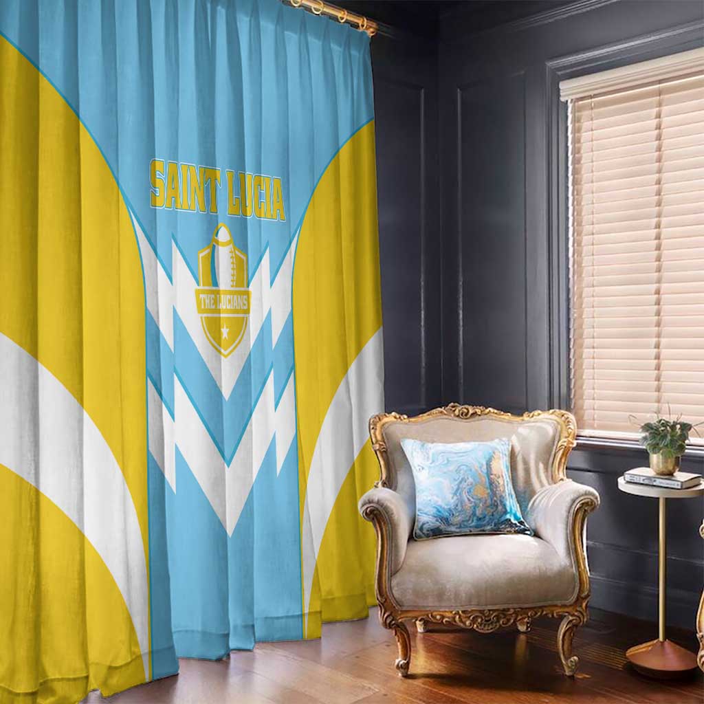 Saint Lucia window curtain pair, blue and yellow with white chevrons and crest.