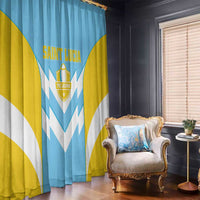 Saint Lucia window curtain pair, blue and yellow with white chevrons and crest.