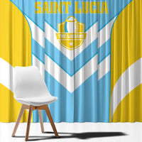 Saint Lucia window curtain close-up, blue/yellow panels with white chevron stripes and crest.