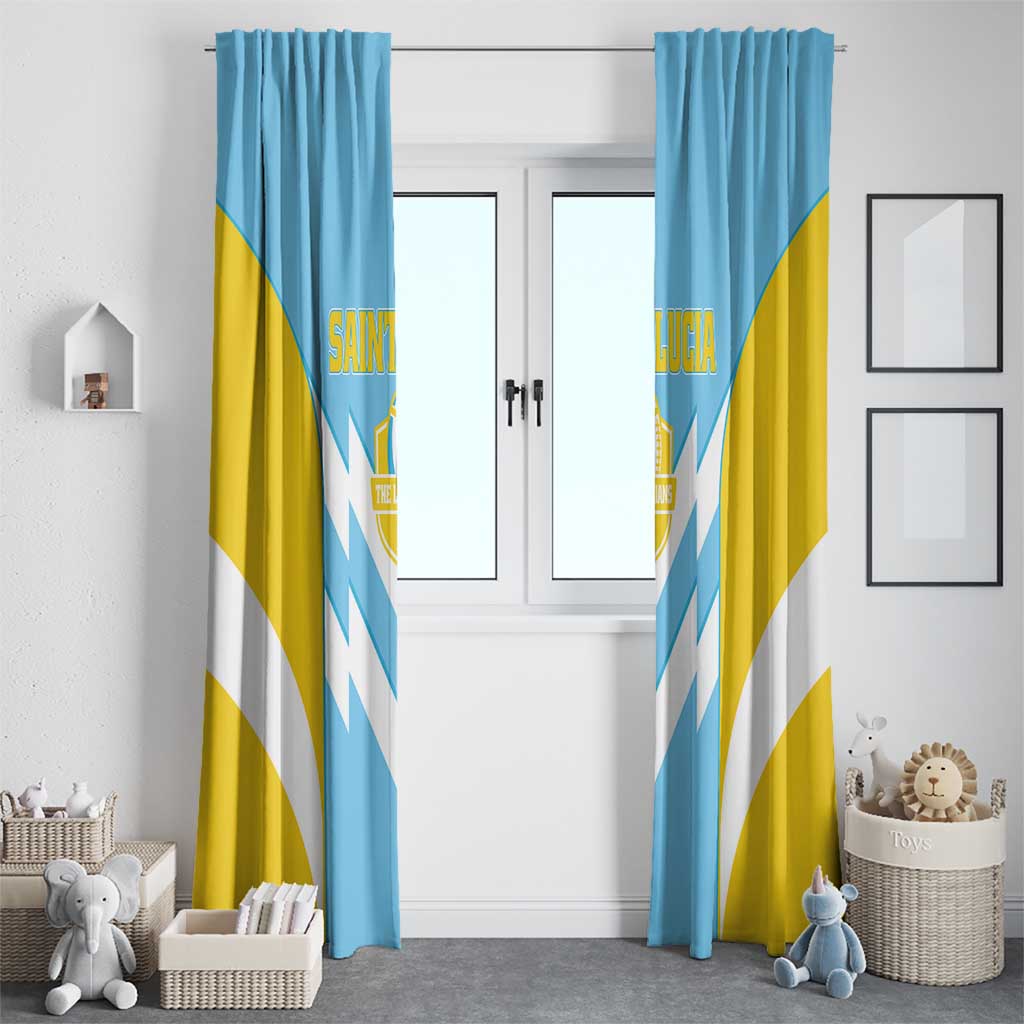 Saint Lucia window curtain set, blue and yellow panels with white chevron stripe design.