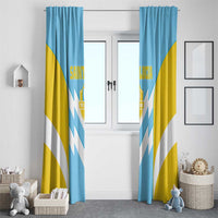 Saint Lucia window curtain set, blue and yellow panels with white chevron stripe design.