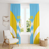 Saint Lucia window curtain pair, blue tops with yellow sides and white chevrons plus crest.