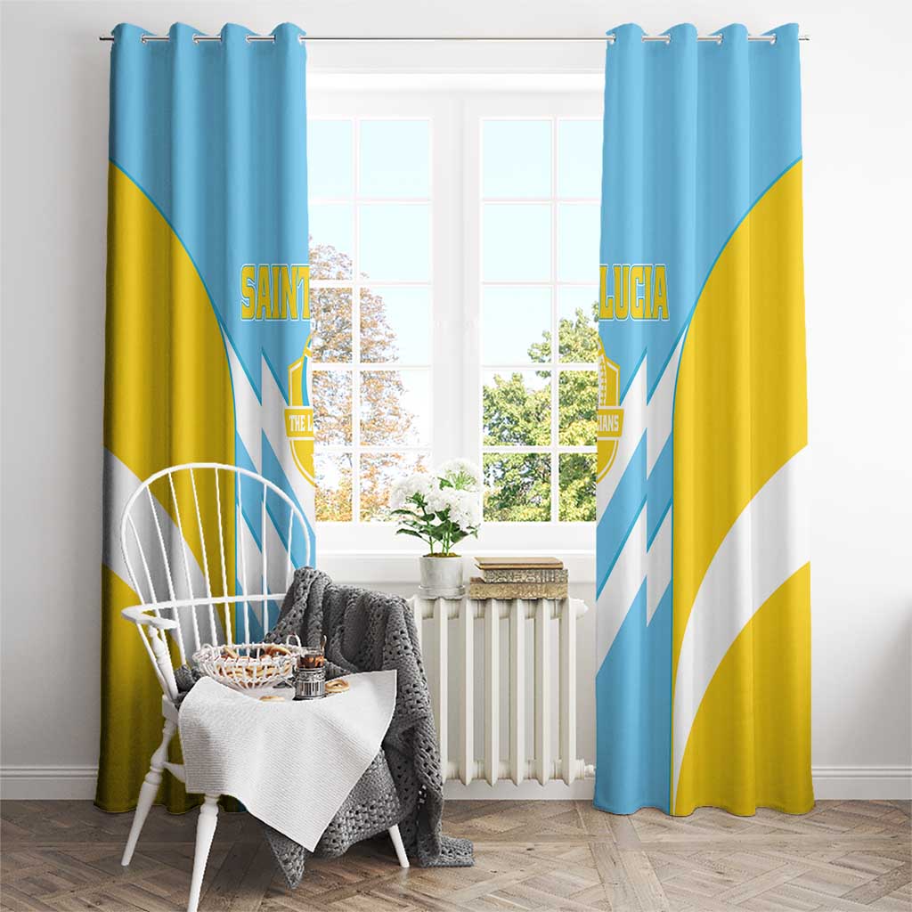 Saint Lucia window curtain with metal ring top, blue/yellow with white chevrons and crest.