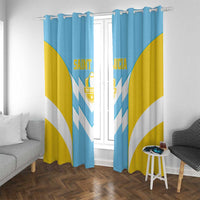 Saint Lucia window curtain with hook-and-ring top, blue and yellow with white chevrons.