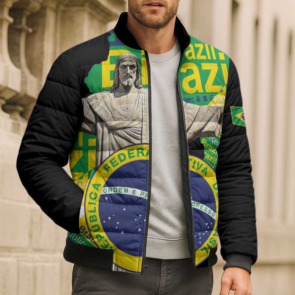 Personalized Brazil Christ the Redeemer Bomber Puffer Jacket Brasil Map Unique Stylized - Wonder Print Shop