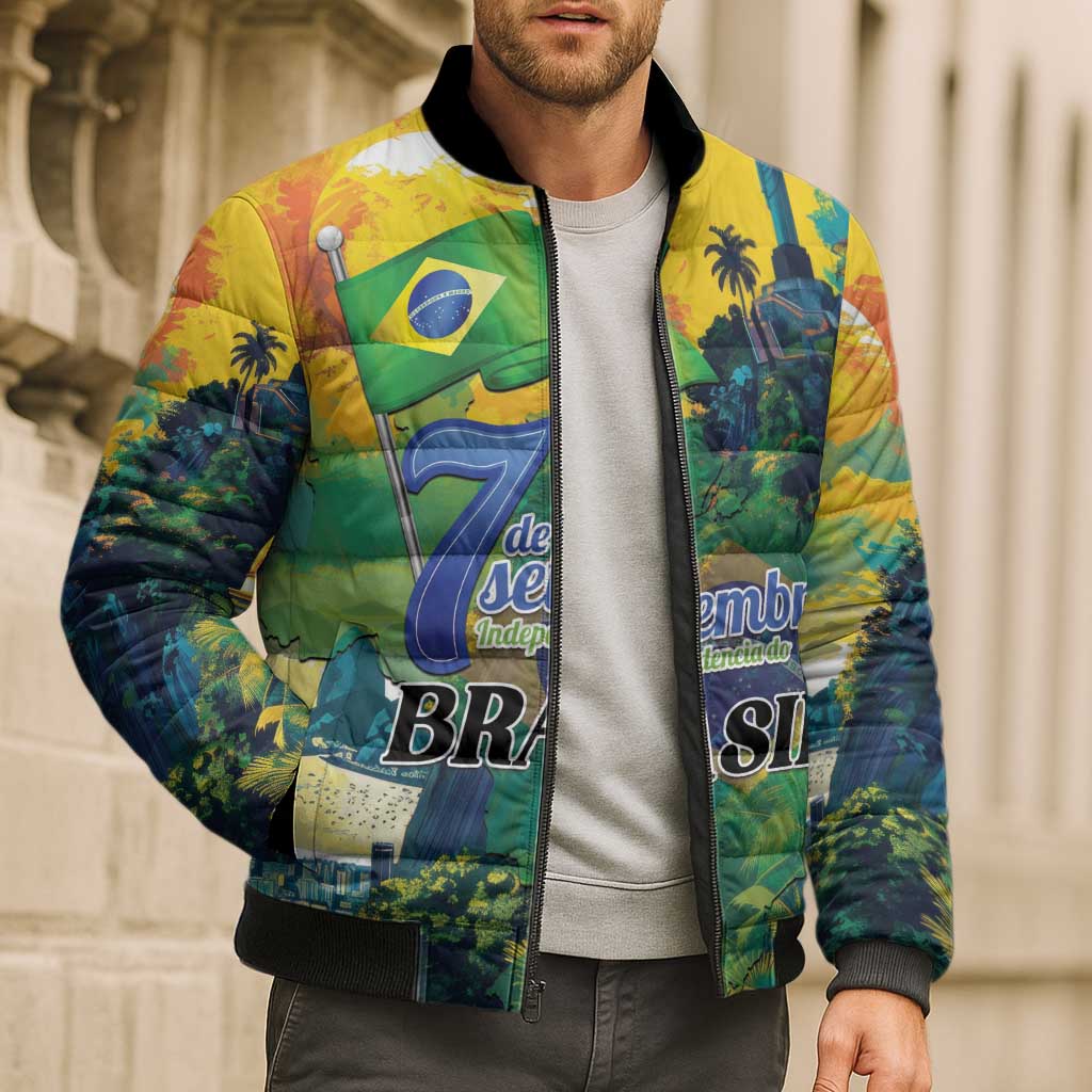 Personalized Brazil Sete de Setembro Bomber Puffer Jacket Brasil Rio de Janeiro Art Style - Wonder Print Shop