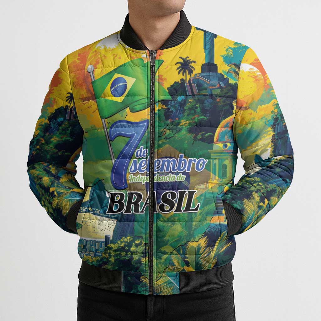 Personalized Brazil Sete de Setembro Bomber Puffer Jacket Brasil Rio de Janeiro Art Style - Wonder Print Shop