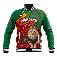 Green and red baseball jacket with Moroccan graphics, lion and bird, snap front