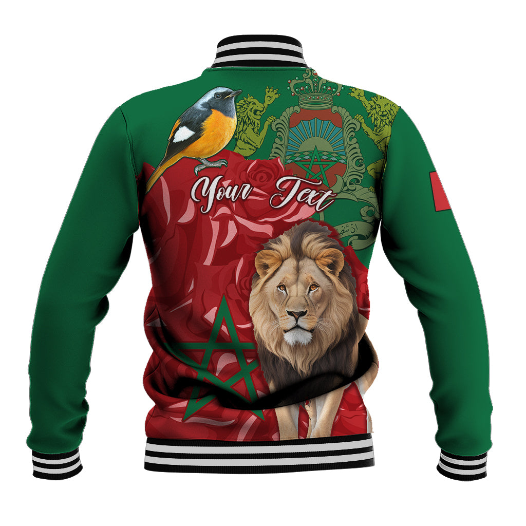 Green and red baseball jacket back with lion portrait and Moroccan crest graphic